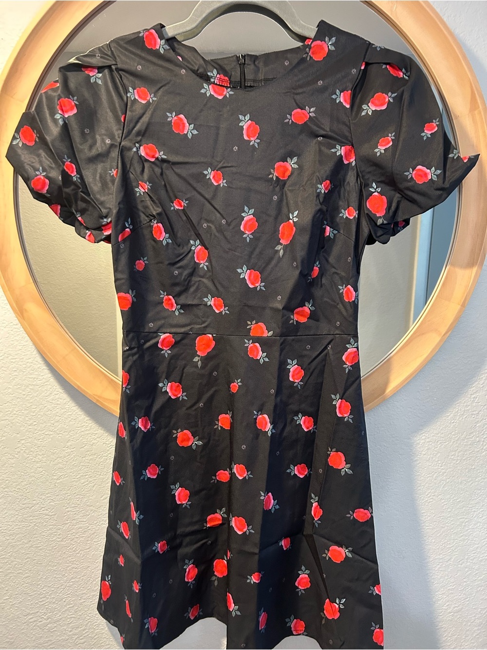 Black Mini Dress with Red Rose Print and Puff Sleeves